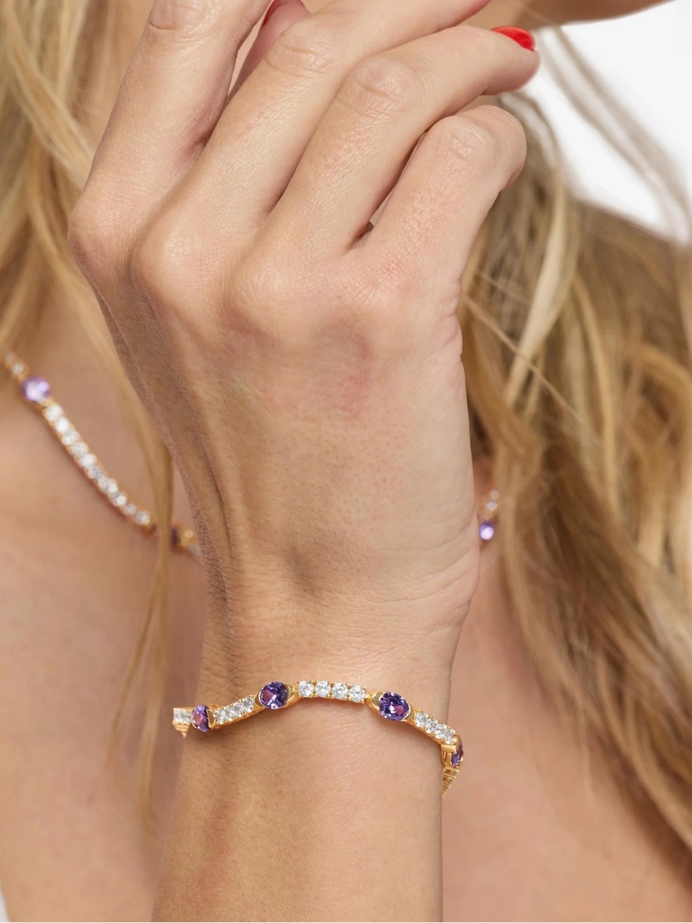 Melinda Maria Gold Bracelet with Simulated Amethysts and Diamondettes- 6.5” - Picture 3 of 12